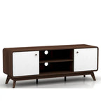 Meuble TV blanc de style Mid-Century avec 2 placards, étagères réglables et pieds évasés – Convient aux TV jusqu'à 60"