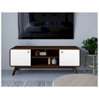 Meuble TV blanc de style Mid-Century avec 2 placards, étagères réglables et pieds évasés – Convient aux TV jusqu'à 60"