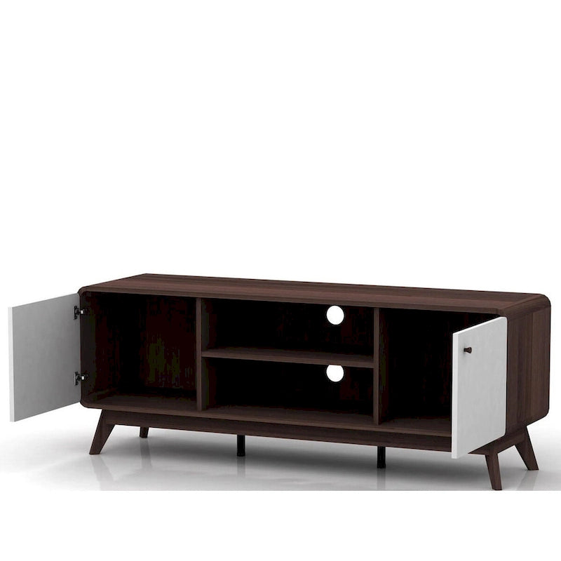 Meuble TV blanc de style Mid-Century avec 2 placards, étagères réglables et pieds évasés – Convient aux TV jusqu'à 60"