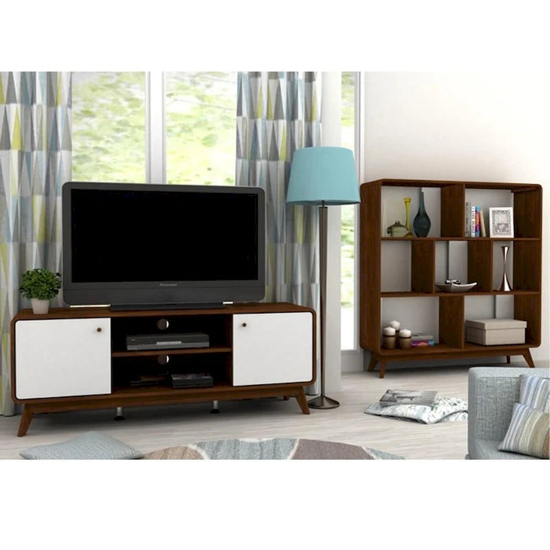 Meuble TV blanc de style Mid-Century avec 2 placards, étagères réglables et pieds évasés – Convient aux TV jusqu'à 60"