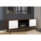 Meuble TV blanc de style Mid-Century avec 2 placards, étagères réglables et pieds évasés – Convient aux TV jusqu'à 60"