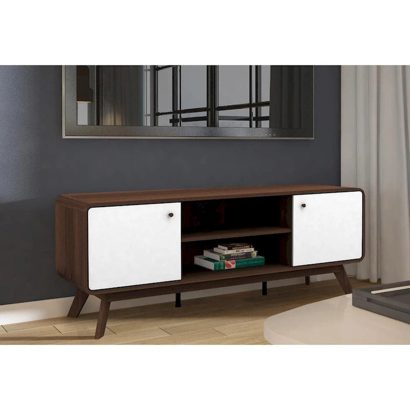 Meuble TV blanc de style Mid-Century avec 2 placards, étagères réglables et pieds évasés – Convient aux TV jusqu'à 60"