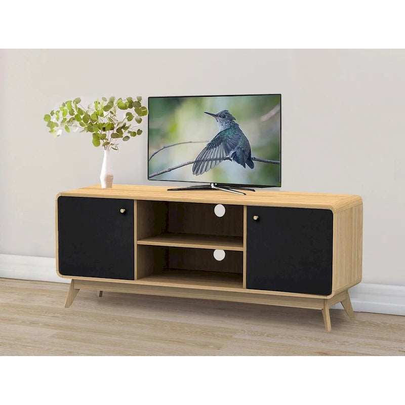Meuble TV blanc de style Mid-Century avec 2 placards, étagères réglables et pieds évasés – Convient aux TV jusqu'à 60"