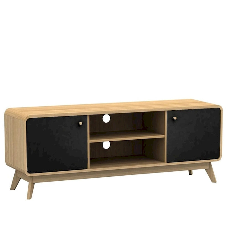 Meuble TV blanc de style Mid-Century avec 2 placards, étagères réglables et pieds évasés – Convient aux TV jusqu'à 60"