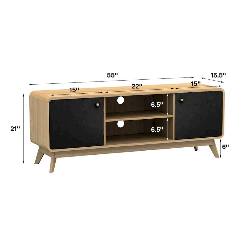 Meuble TV blanc de style Mid-Century avec 2 placards, étagères réglables et pieds évasés – Convient aux TV jusqu'à 60"