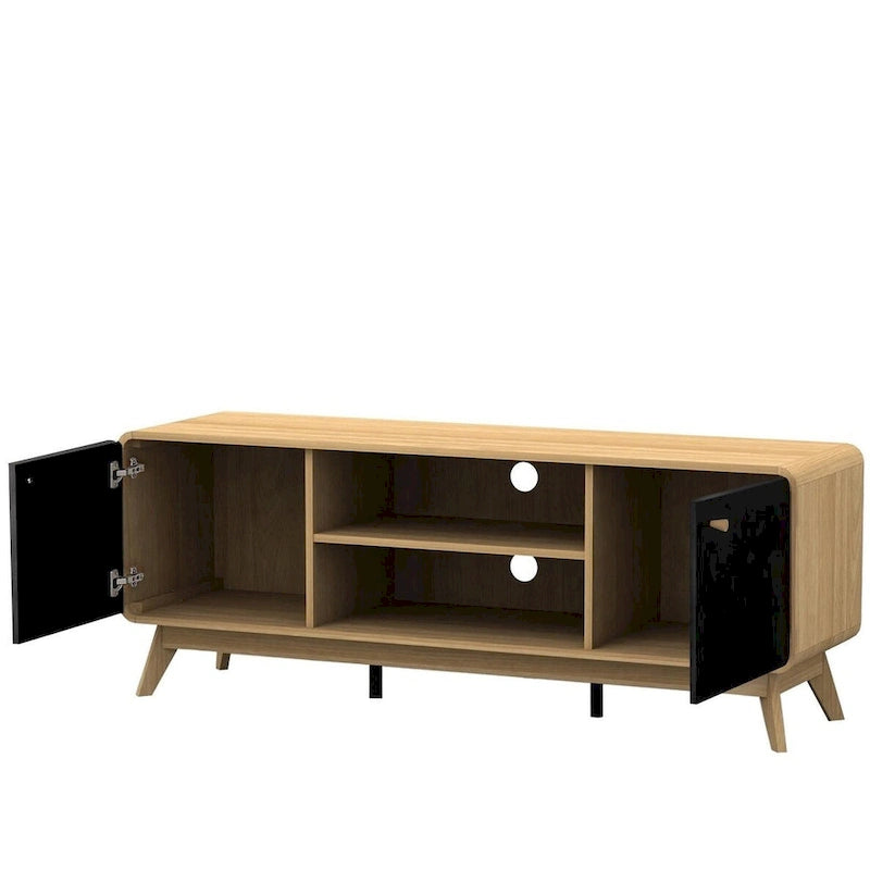 Meuble TV blanc de style Mid-Century avec 2 placards, étagères réglables et pieds évasés – Convient aux TV jusqu'à 60"