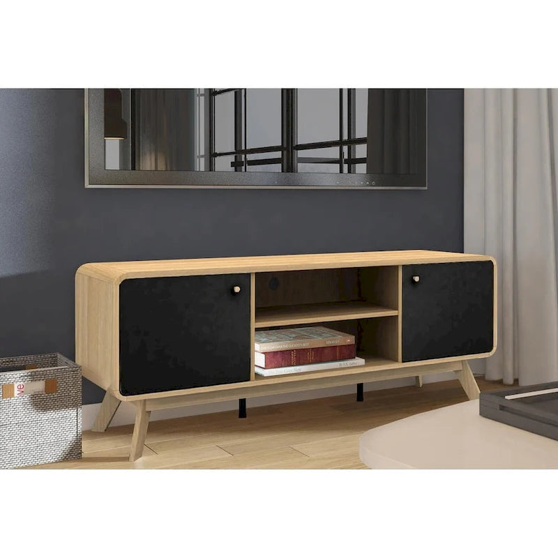 Meuble TV blanc de style Mid-Century avec 2 placards, étagères réglables et pieds évasés – Convient aux TV jusqu'à 60"