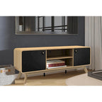 Meuble TV blanc de style Mid-Century avec 2 placards, étagères réglables et pieds évasés – Convient aux TV jusqu'à 60"
