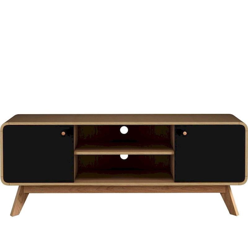 Meuble TV blanc de style Mid-Century avec 2 placards, étagères réglables et pieds évasés – Convient aux TV jusqu'à 60"