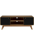 Meuble TV blanc de style Mid-Century avec 2 placards, étagères réglables et pieds évasés – Convient aux TV jusqu'à 60"