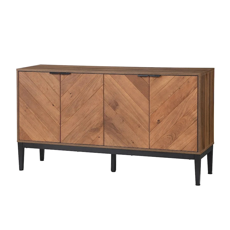 Meuble TV à chevrons noir/noyer avec 4 portes battantes et étagères réglables – 140 cm