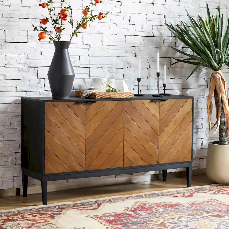 Meuble TV à chevrons noir/noyer avec 4 portes battantes et étagères réglables – 140 cm