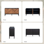 Meuble TV à chevrons noir/noyer avec 4 portes battantes et étagères réglables – 140 cm
