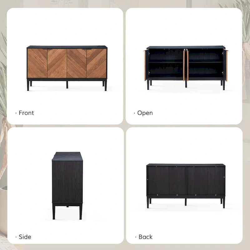 Meuble TV à chevrons noir/noyer avec 4 portes battantes et étagères réglables – 140 cm