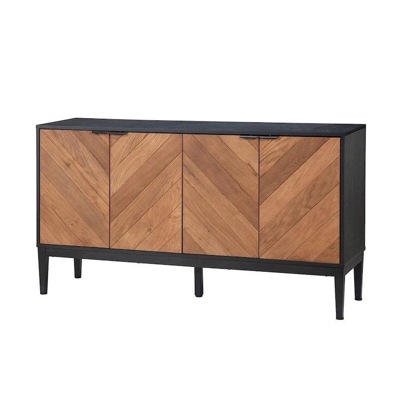 Meuble TV à chevrons noir/noyer avec 4 portes battantes et étagères réglables – 140 cm