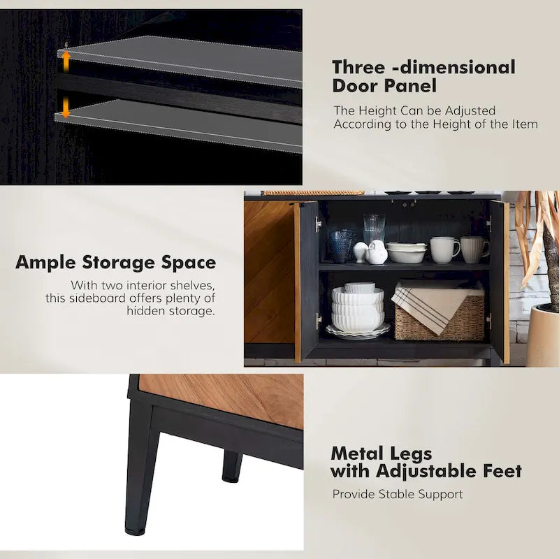 Meuble TV à chevrons noir/noyer avec 4 portes battantes et étagères réglables – 140 cm
