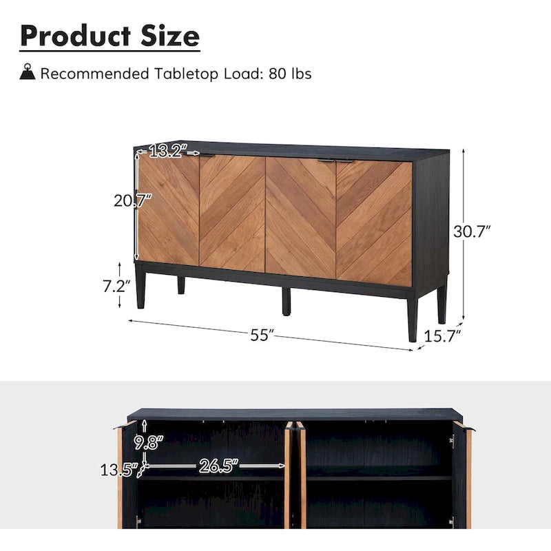 Meuble TV à chevrons noir/noyer avec 4 portes battantes et étagères réglables – 140 cm