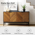 Meuble TV à chevrons noir/noyer avec 4 portes battantes et étagères réglables – 140 cm