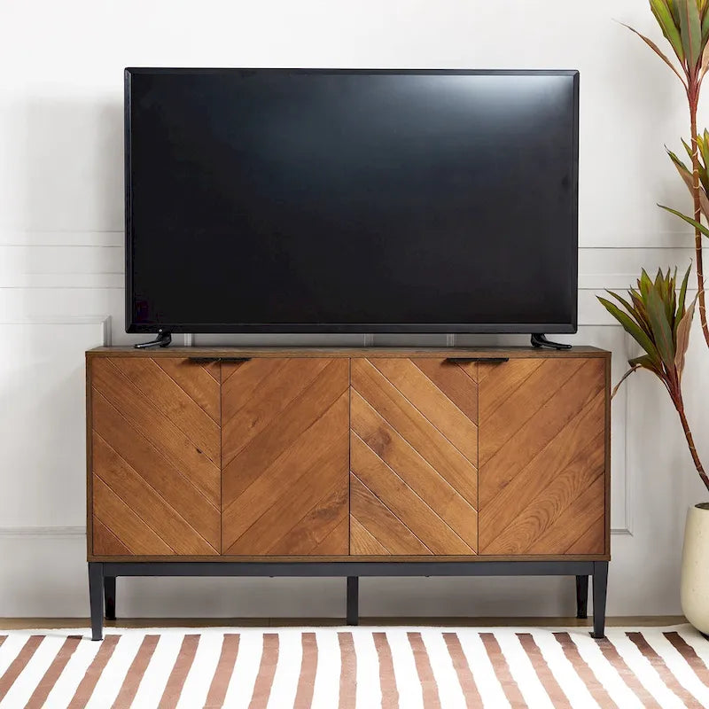 Meuble TV à chevrons noir/noyer avec 4 portes battantes et étagères réglables – 140 cm