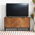 Meuble TV à chevrons noir/noyer avec 4 portes battantes et étagères réglables – 140 cm