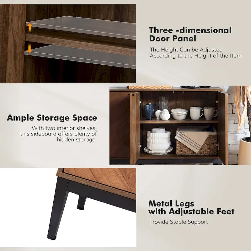 Meuble TV à chevrons noir/noyer avec 4 portes battantes et étagères réglables – 140 cm