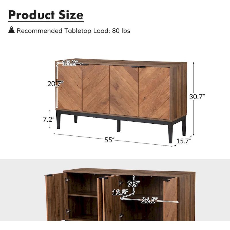 Meuble TV à chevrons noir/noyer avec 4 portes battantes et étagères réglables – 140 cm