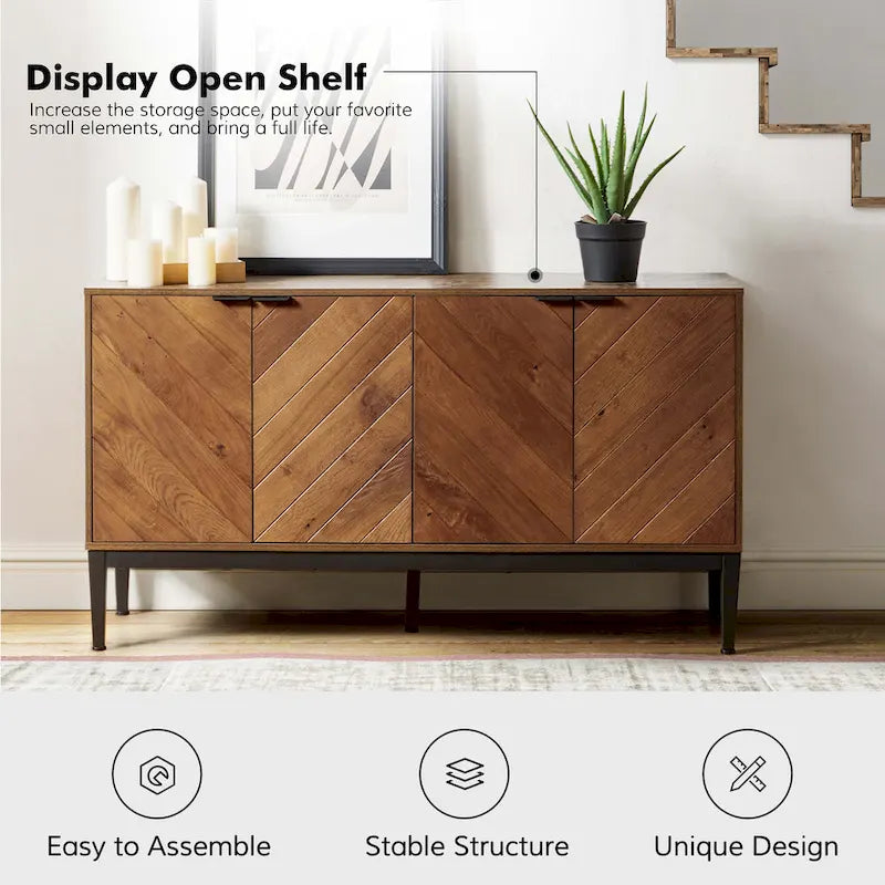 Meuble TV à chevrons noir/noyer avec 4 portes battantes et étagères réglables – 140 cm