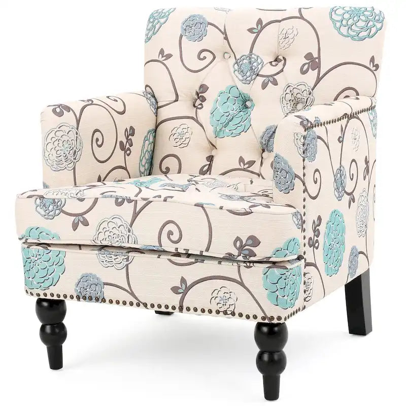 Fauteuil club capitonné avec boutons en tissu floral beige clair et bleu et garniture cloutée – Simple