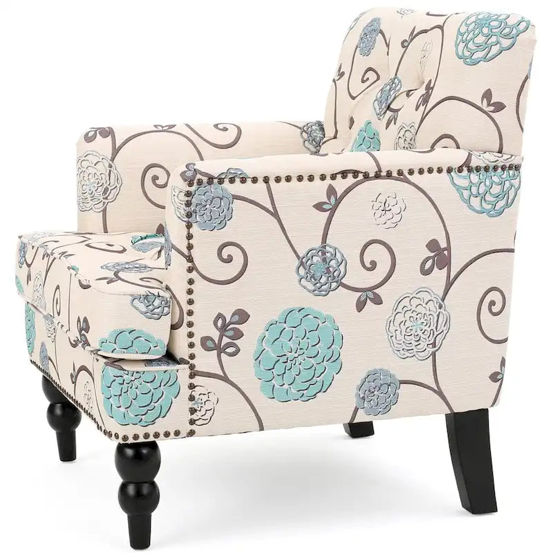 Fauteuil club capitonné avec boutons en tissu floral beige clair et bleu et garniture cloutée – Simple