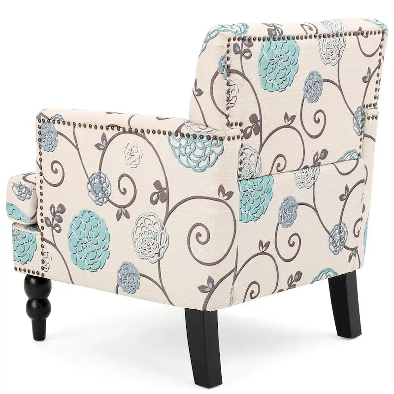 Fauteuil club capitonné avec boutons en tissu floral beige clair et bleu et garniture cloutée – Simple