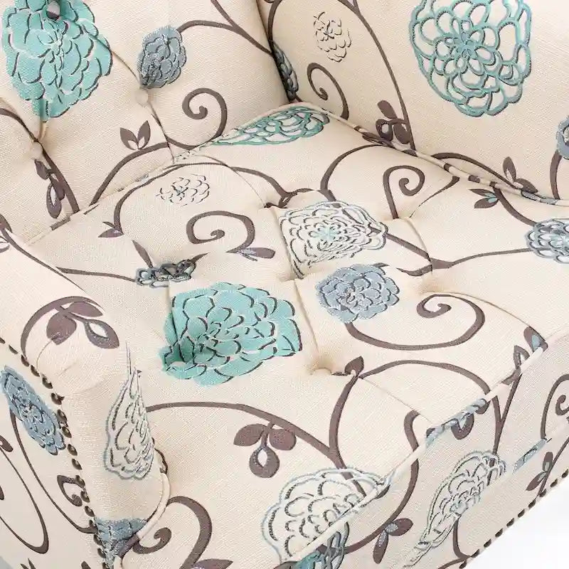 Fauteuil club capitonné avec boutons en tissu floral beige clair et bleu et garniture cloutée – Simple
