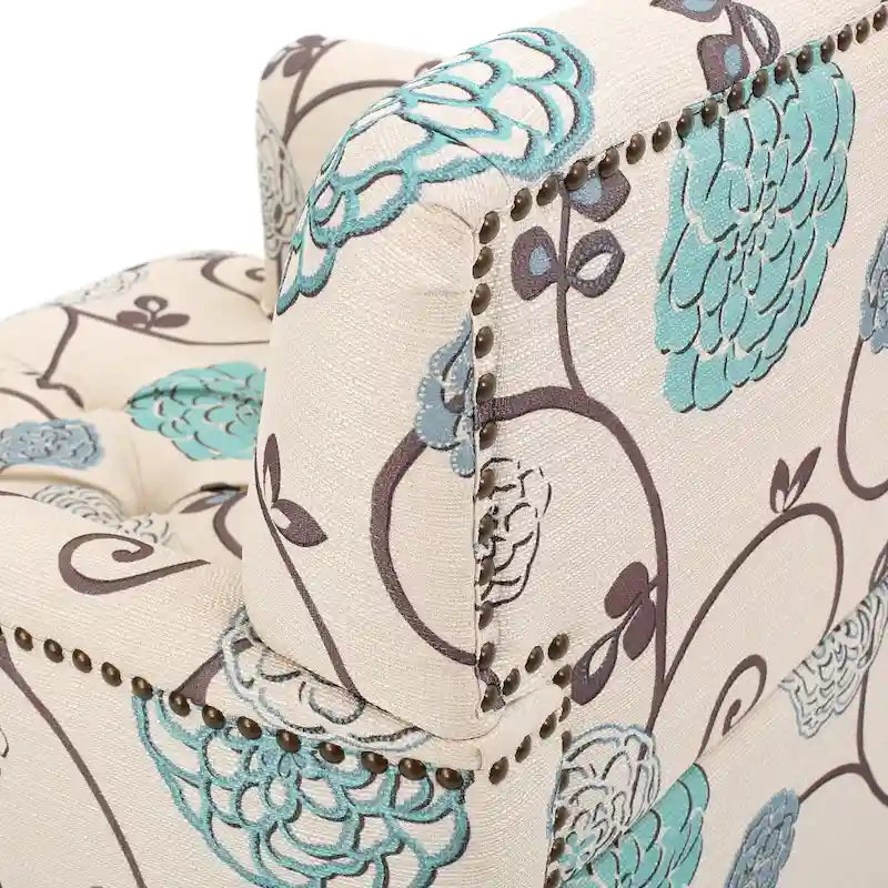 Fauteuil club capitonné avec boutons en tissu floral beige clair et bleu et garniture cloutée – Simple