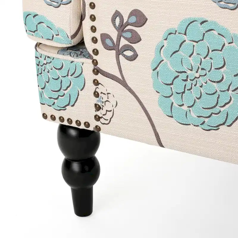 Fauteuil club capitonné avec boutons en tissu floral beige clair et bleu et garniture cloutée – Simple