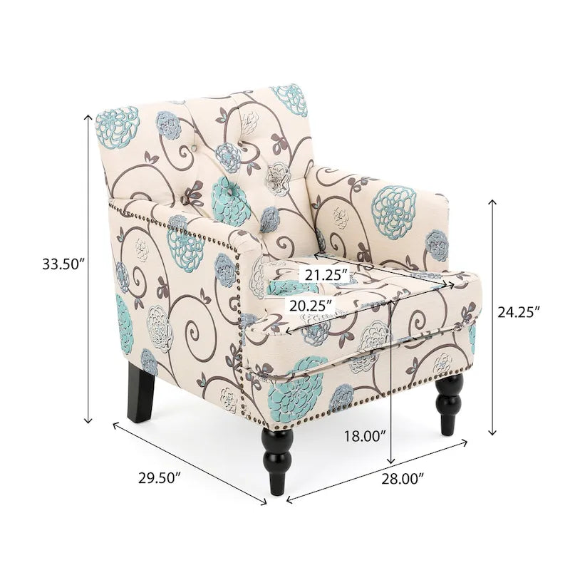 Fauteuil club capitonné avec boutons en tissu floral beige clair et bleu et garniture cloutée – Simple