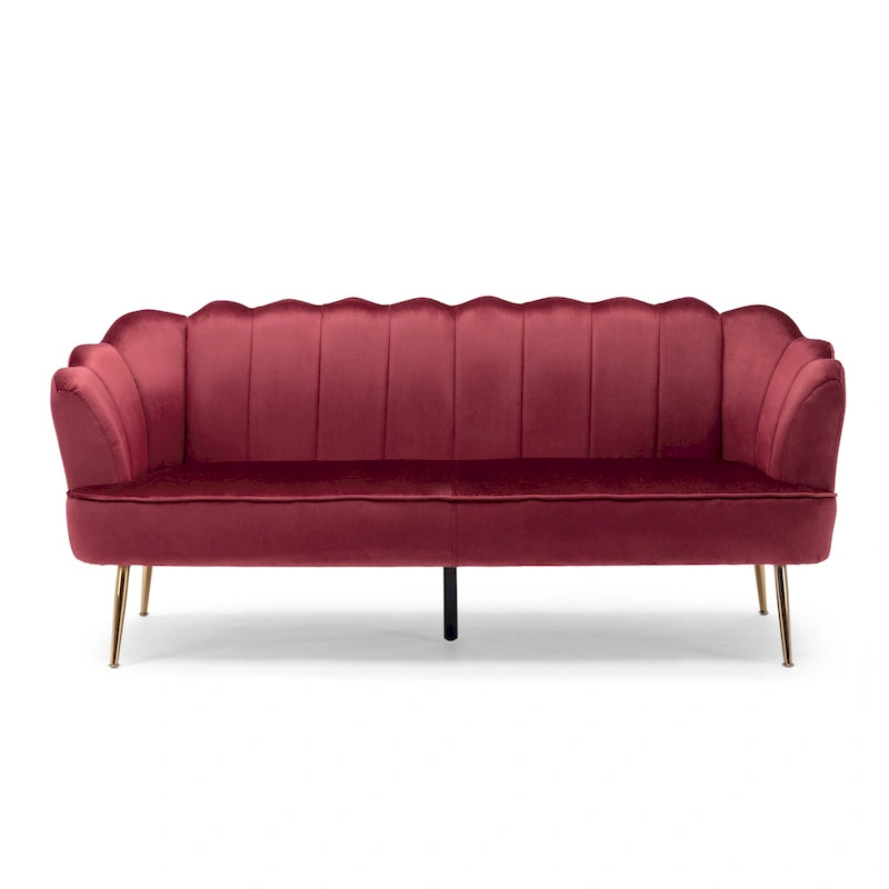 Canapé Coquillage en Velours Rouge Baie / Jaune / Rose Poudré / Bleu Canard / Turquoise / Beige avec Pieds en Fer Doré – 76,25", 3 Places