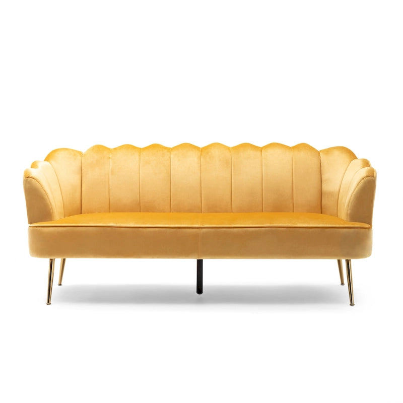 Canapé Coquillage en Velours Rouge Baie / Jaune / Rose Poudré / Bleu Canard / Turquoise / Beige avec Pieds en Fer Doré – 76,25", 3 Places