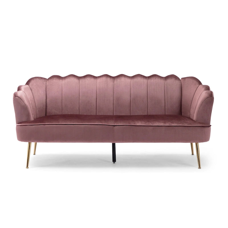 Canapé Coquillage en Velours Rouge Baie / Jaune / Rose Poudré / Bleu Canard / Turquoise / Beige avec Pieds en Fer Doré – 76,25", 3 Places