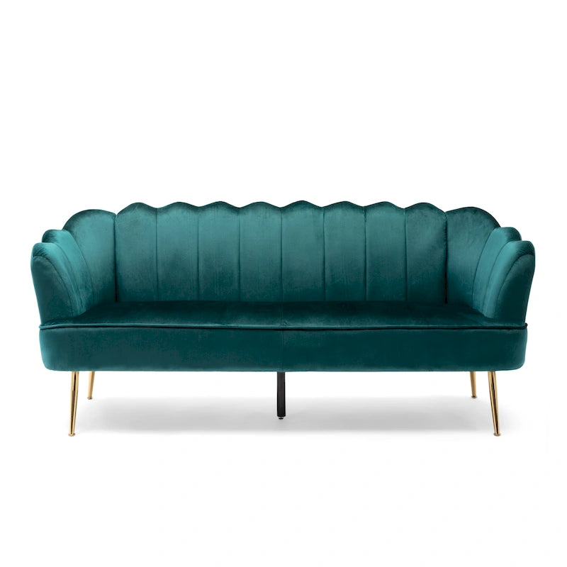 Canapé Coquillage en Velours Rouge Baie / Jaune / Rose Poudré / Bleu Canard / Turquoise / Beige avec Pieds en Fer Doré – 76,25", 3 Places