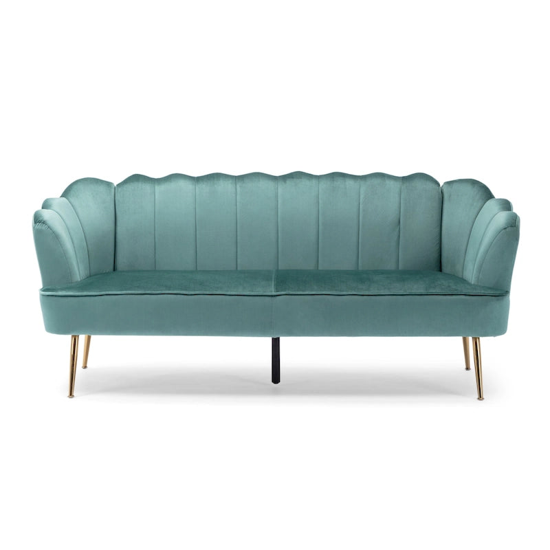 Canapé Coquillage en Velours Rouge Baie / Jaune / Rose Poudré / Bleu Canard / Turquoise / Beige avec Pieds en Fer Doré – 76,25", 3 Places