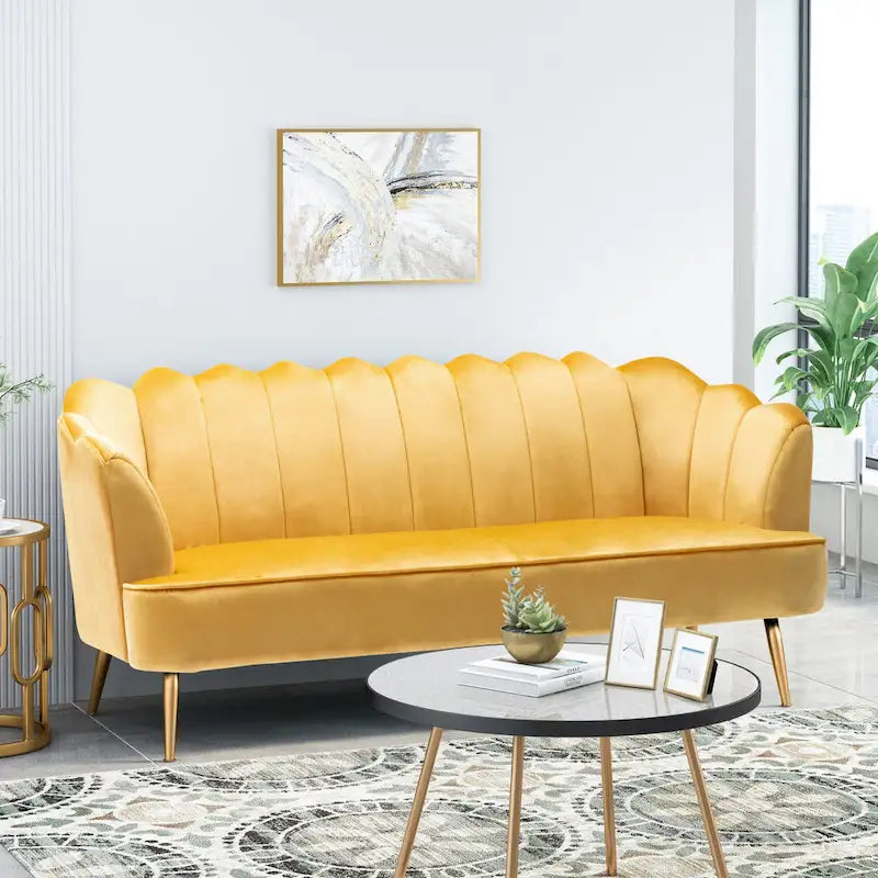 Canapé Coquillage en Velours Rouge Baie / Jaune / Rose Poudré / Bleu Canard / Turquoise / Beige avec Pieds en Fer Doré – 76,25", 3 Places