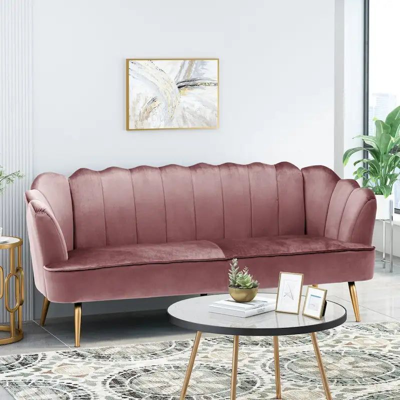 Canapé Coquillage en Velours Rouge Baie / Jaune / Rose Poudré / Bleu Canard / Turquoise / Beige avec Pieds en Fer Doré – 76,25", 3 Places
