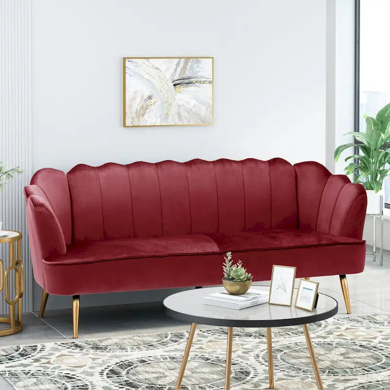 Canapé Coquillage en Velours Rouge Baie / Jaune / Rose Poudré / Bleu Canard / Turquoise / Beige avec Pieds en Fer Doré – 76,25", 3 Places