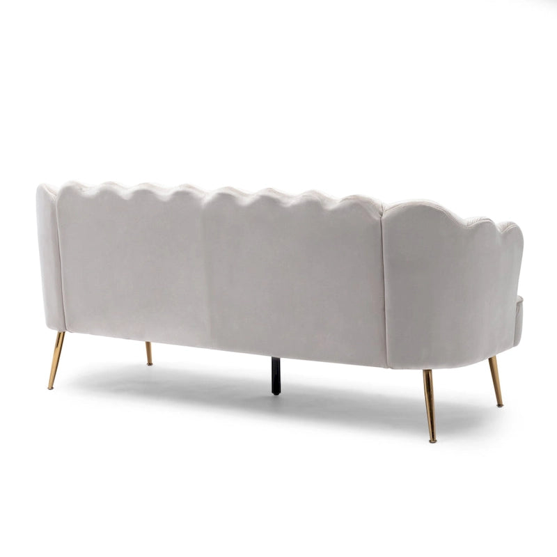 Canapé Coquillage en Velours Rouge Baie / Jaune / Rose Poudré / Bleu Canard / Turquoise / Beige avec Pieds en Fer Doré – 76,25", 3 Places