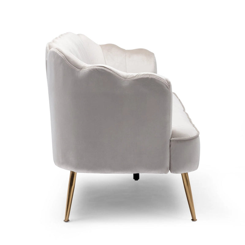 Canapé Coquillage en Velours Rouge Baie / Jaune / Rose Poudré / Bleu Canard / Turquoise / Beige avec Pieds en Fer Doré – 76,25", 3 Places