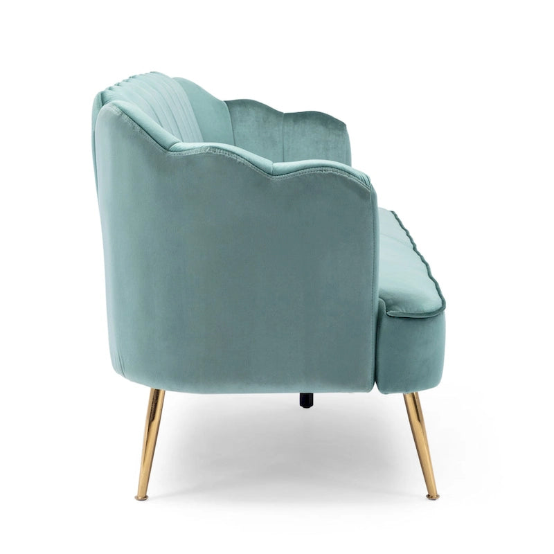 Canapé Coquillage en Velours Rouge Baie / Jaune / Rose Poudré / Bleu Canard / Turquoise / Beige avec Pieds en Fer Doré – 76,25", 3 Places