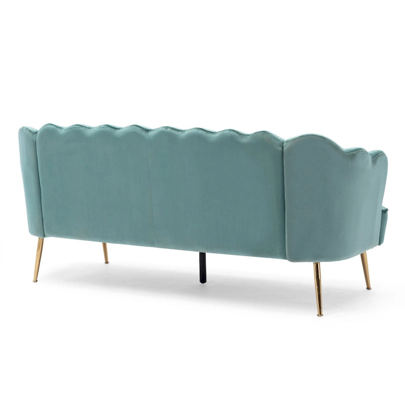 Canapé Coquillage en Velours Rouge Baie / Jaune / Rose Poudré / Bleu Canard / Turquoise / Beige avec Pieds en Fer Doré – 76,25", 3 Places