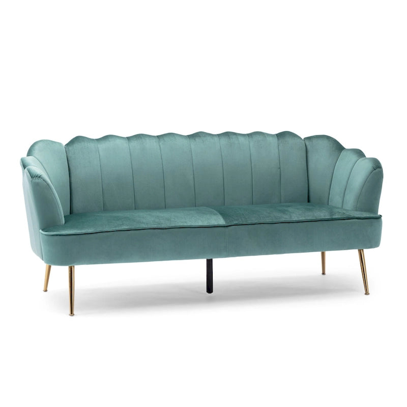 Canapé Coquillage en Velours Rouge Baie / Jaune / Rose Poudré / Bleu Canard / Turquoise / Beige avec Pieds en Fer Doré – 76,25", 3 Places