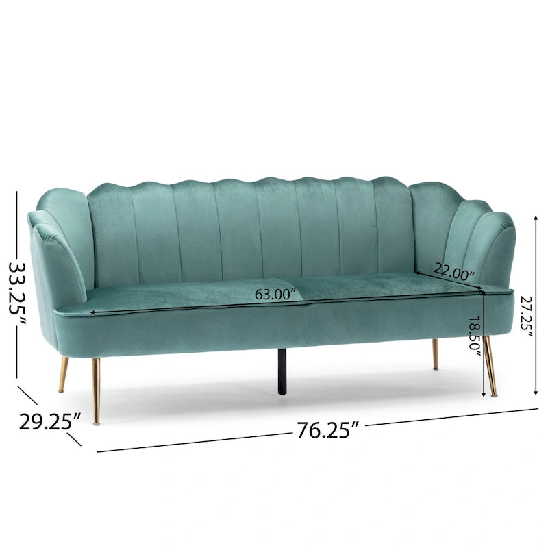Canapé Coquillage en Velours Rouge Baie / Jaune / Rose Poudré / Bleu Canard / Turquoise / Beige avec Pieds en Fer Doré – 76,25", 3 Places