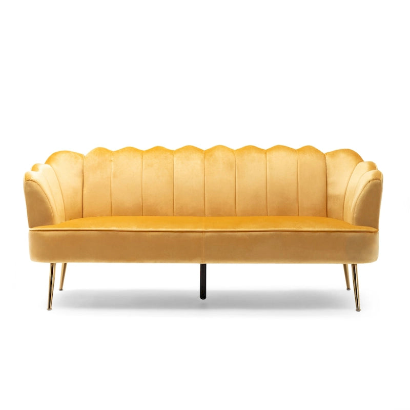 Canapé Coquillage en Velours Rouge Baie / Jaune / Rose Poudré / Bleu Canard / Turquoise / Beige avec Pieds en Fer Doré – 76,25", 3 Places