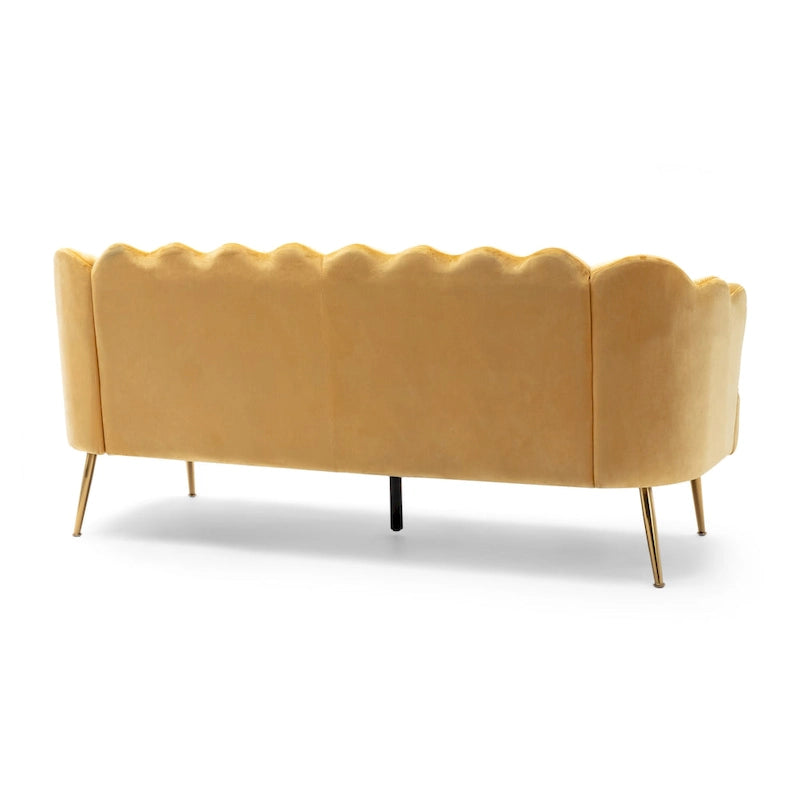 Canapé Coquillage en Velours Rouge Baie / Jaune / Rose Poudré / Bleu Canard / Turquoise / Beige avec Pieds en Fer Doré – 76,25", 3 Places